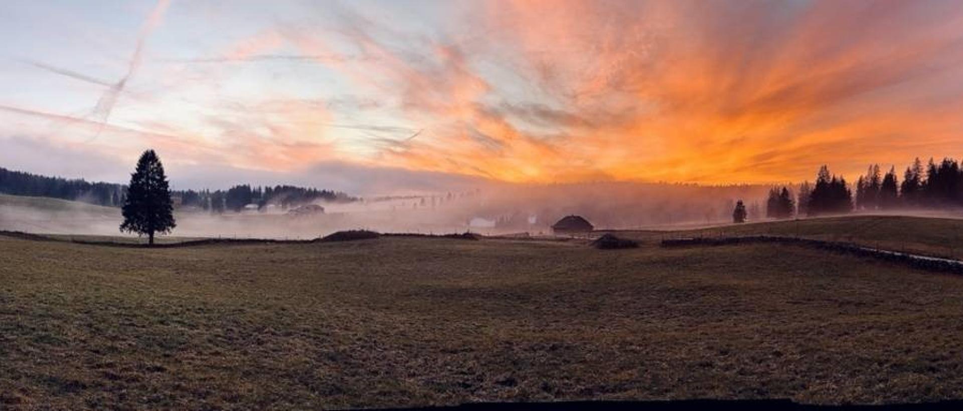 Paysage naturel ferme brume coucher de soleil coucher de soleil Brévine
