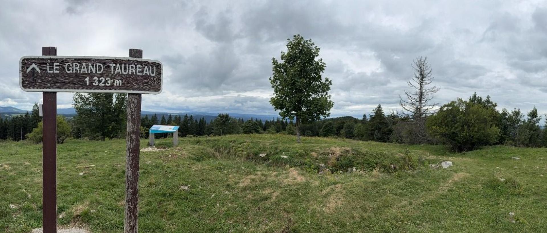 Panneau de randonnée sur la GTJ dans le Jura français, paysage ouverts aux Cernets