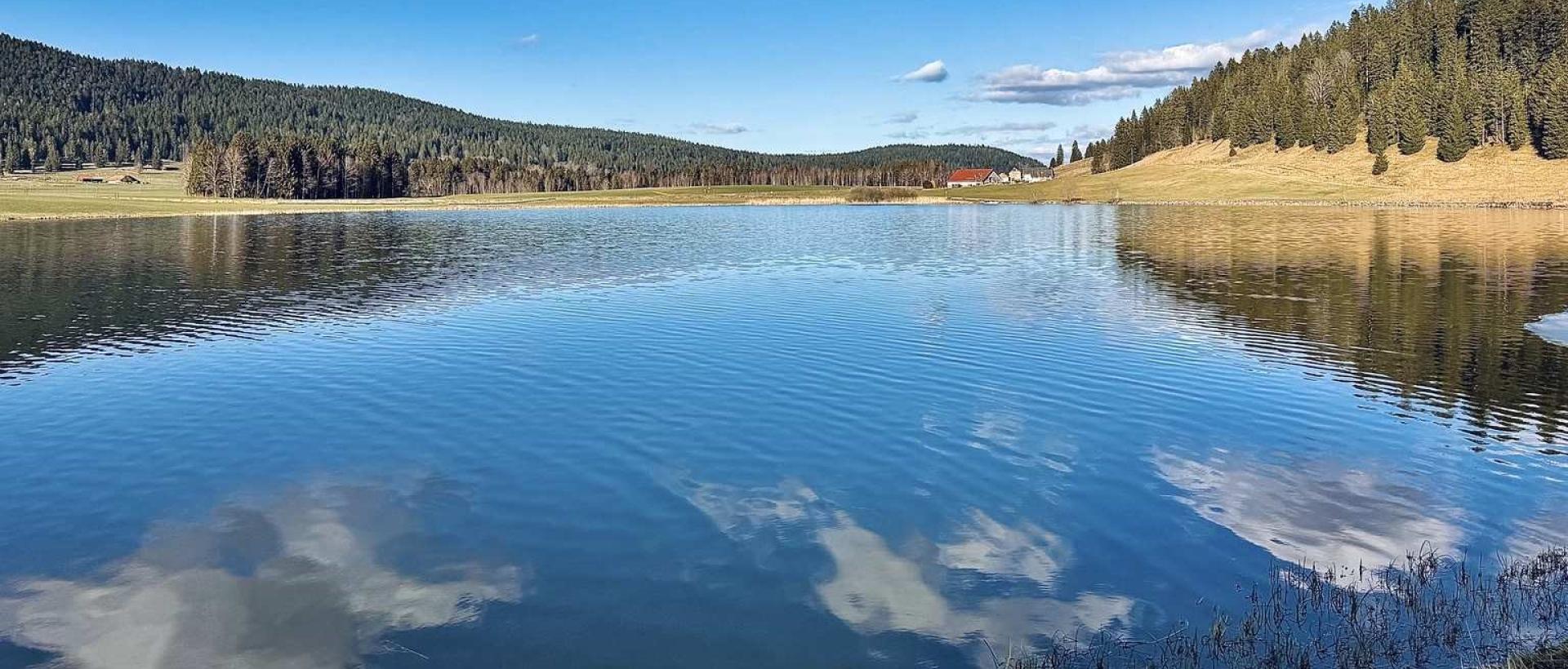 Lac des Taillères avec reflet des sapins dans la vallée de la Brévine au Val de Travers Jura suisse