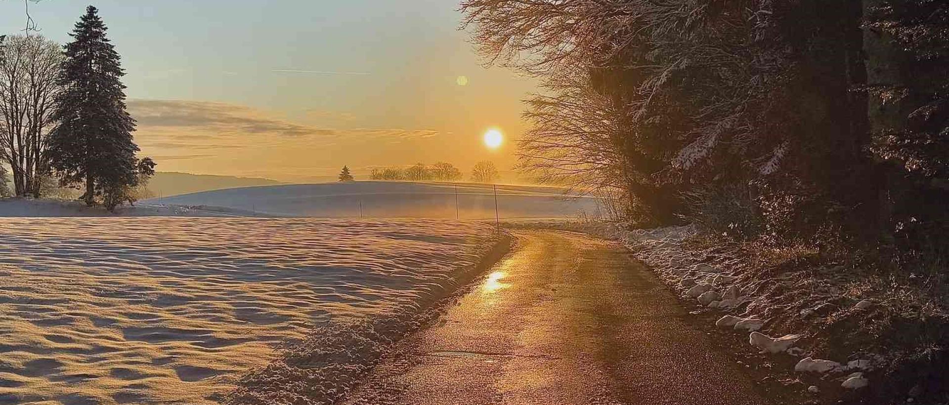 Route accès aux Cernets coucher de soleil hiver sapins Val de Travers Jura suisse