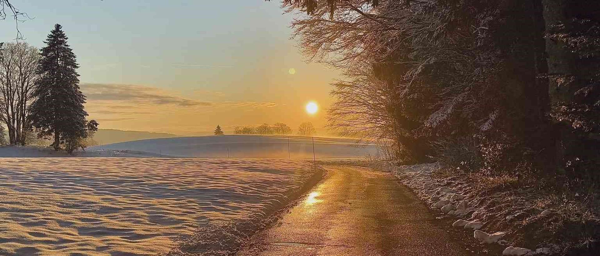 Route accès aux Cernets coucher de soleil hiver sapins Val de Travers Jura suisse