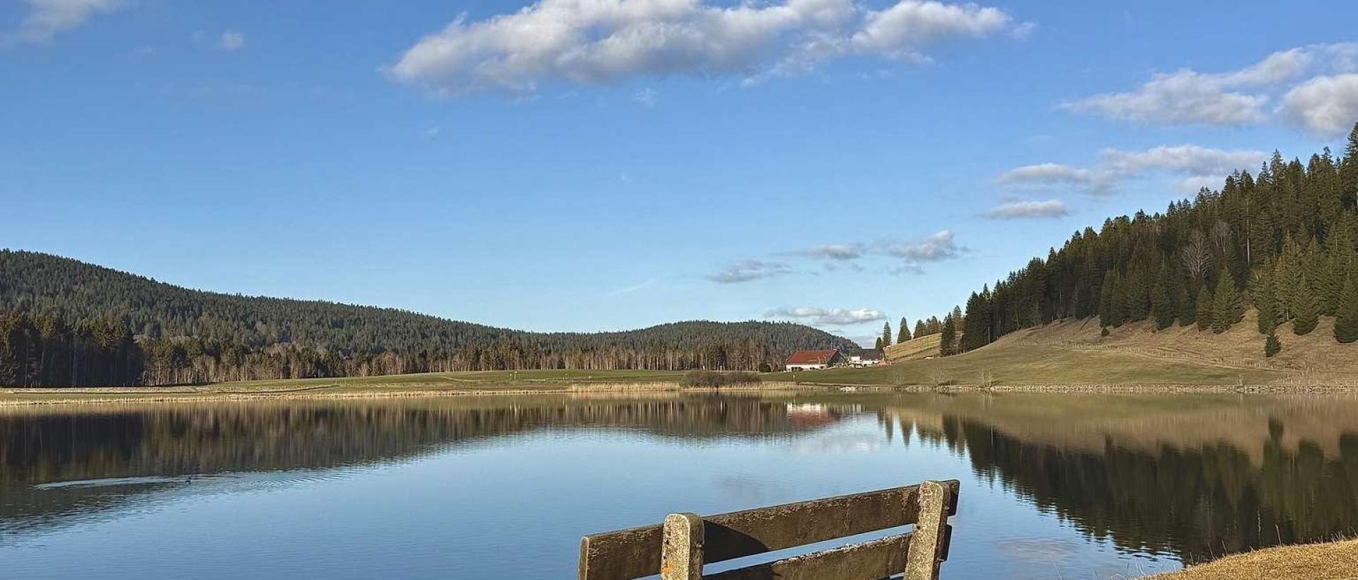 Banc face au lac des Taillères au printemps dans le Jura suisse près des Cernets