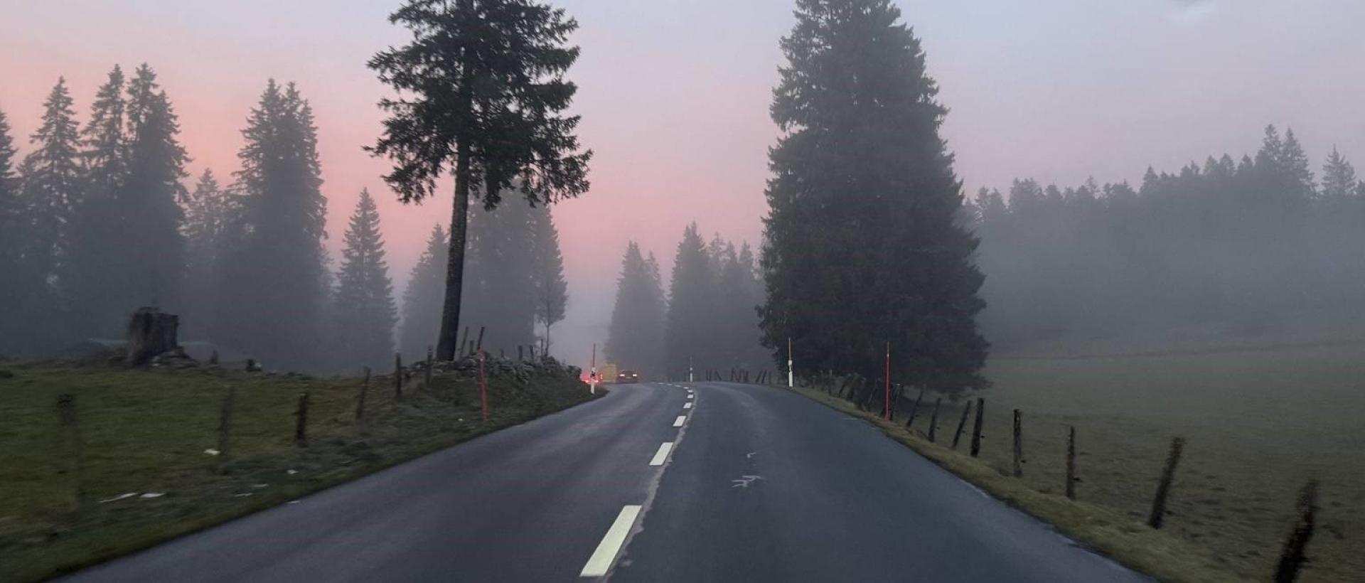 Route d'accès à la Brévine dans la brume et les sapins parfait roadtrip au Val de Travers