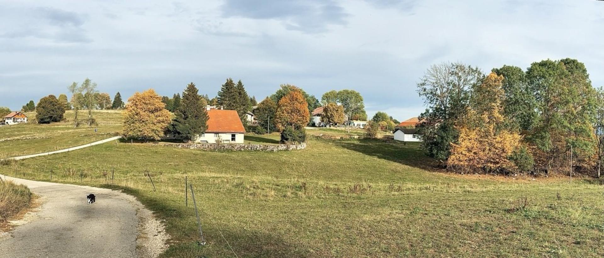 Chemin rural traversant les prés et les maisons des Cernets, au Val-de-Travers. Les arbres prennent leurs couleurs d'automne dans le Jura neuchâtelois
