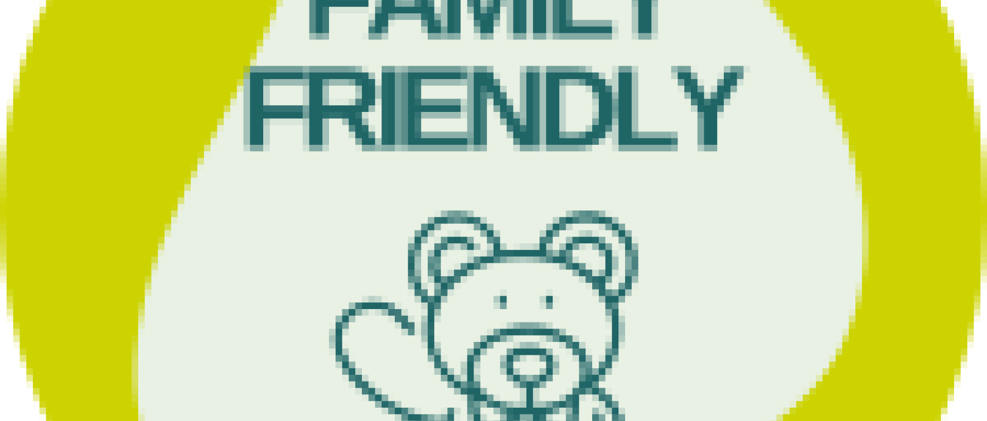 Logo "Family Friendly" de l'Hôtel Restaurant Les Cernets, avec un ourson à vélo dans un cercle jaune